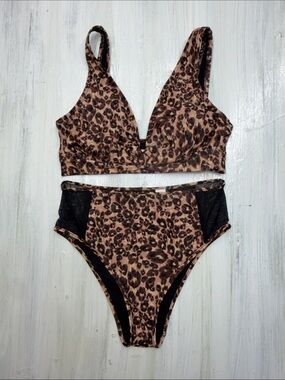aerie Leopard Print Bikini Top XL & High-Waist Bottoms L - Brown & Black